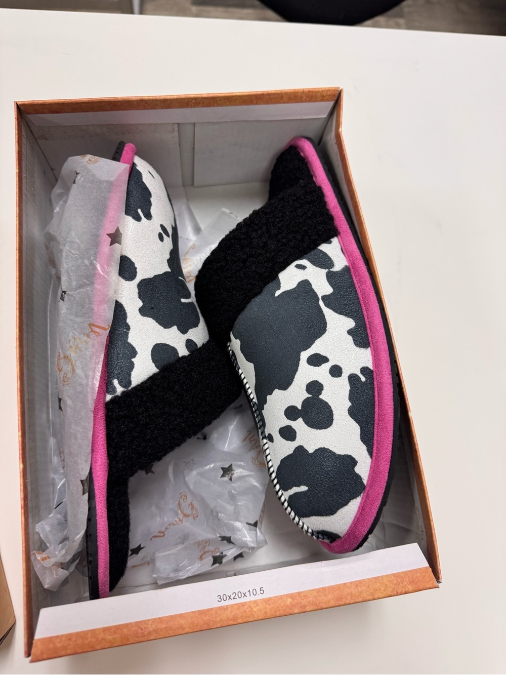 Very G Black and White Cow Print Slip-On Slippers with Pink Trim